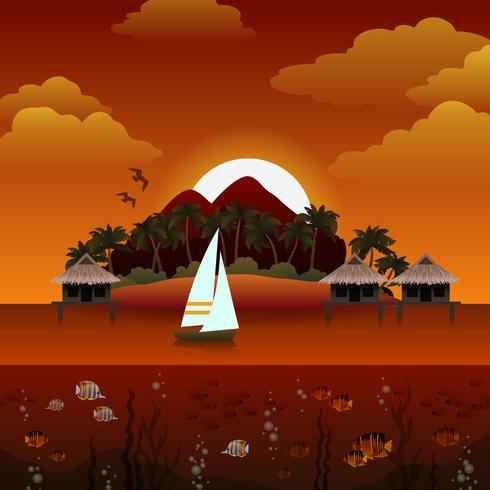Tropische eiland zonsondergang achtergrond vector