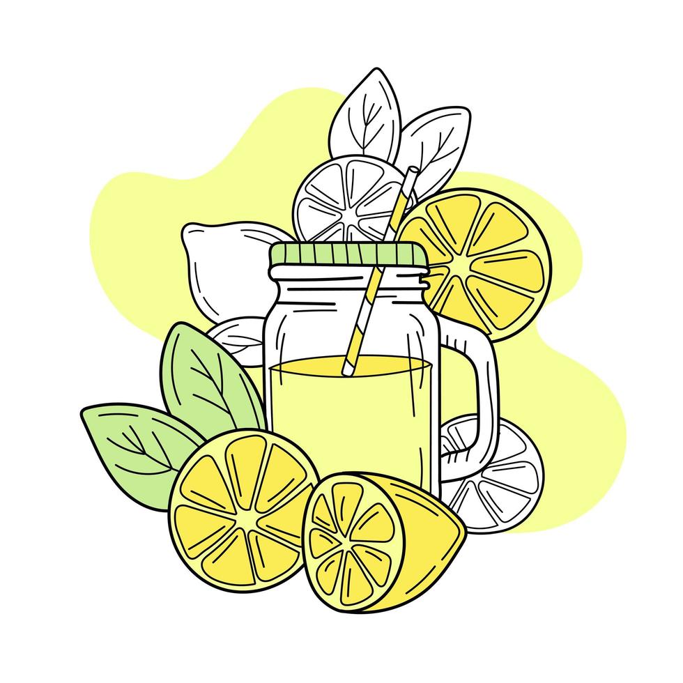 gele citroenen en limonade in glazen pot. frisse zomerdrank vector