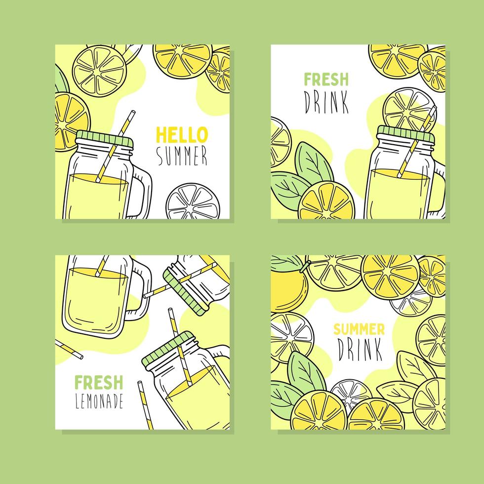 set van 4 handgetekende kaarten. gele citroenen en limonade in glazen pot. vector