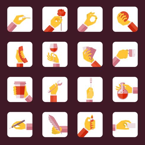 Hand met objecten flat set vector