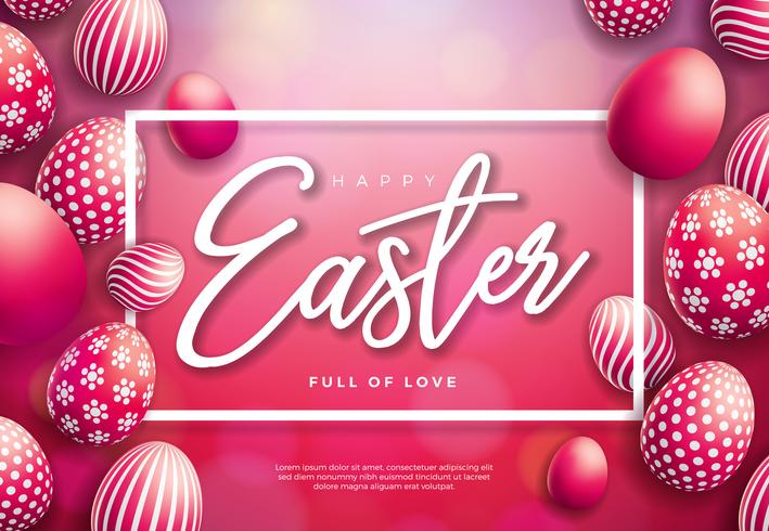 Vector illustratie van Happy Easter Holiday met beschilderde eieren op glanzende rode achtergrond