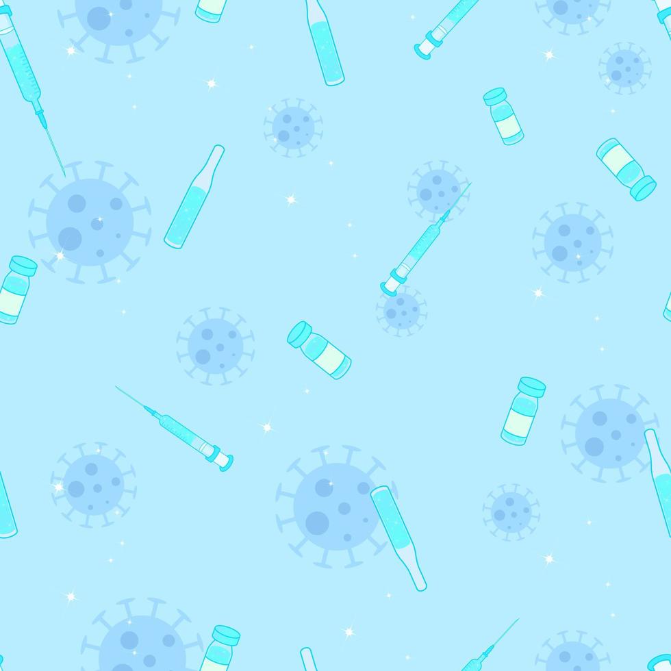 blauw dromerig naadloos patroon van virusvaccin met flessenspuiten en ampullen. vector eps 10