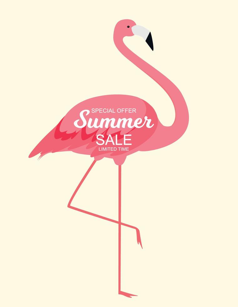 zomer verkoop concept met kleurrijke cartoon roze flamingo achtergrond. vector illustratie