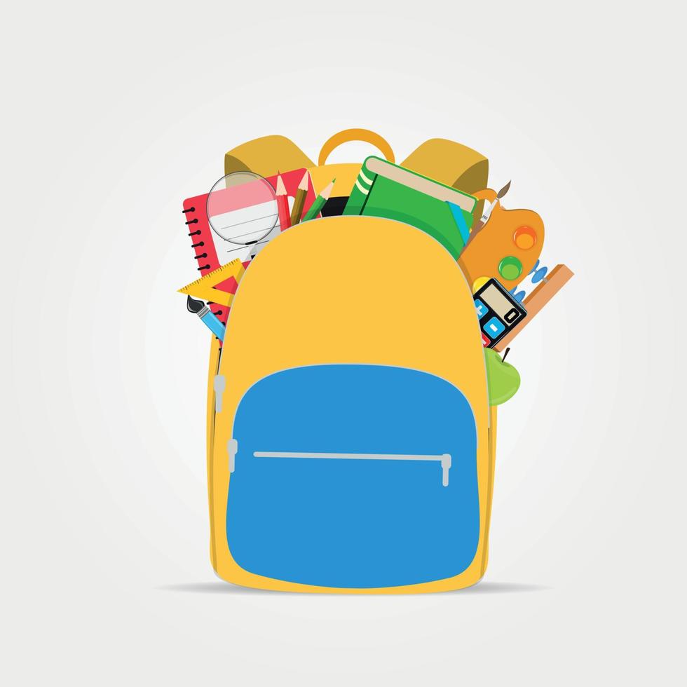 tas, rugzakpictogram met schoolaccessoires. vector illustratie