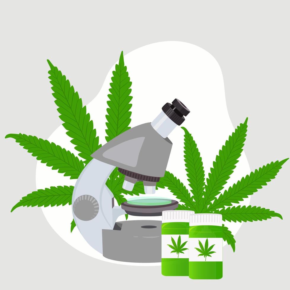 concept van een op cannabis gebaseerd medicijn. medisch onderzoek van cannabis met een microscoop. vector