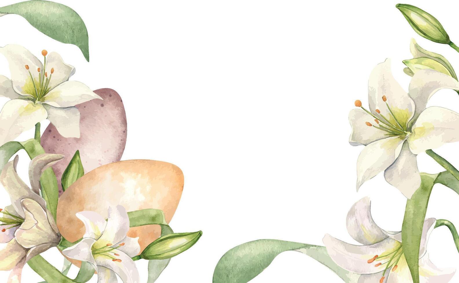 Pasen grens met eieren en wit bloemen. lelie en bloemknoppen waterverf kader geïsoleerd Aan wit. lilium botanisch kunst hand- getrokken. ontwerp voor uitnodiging, Christendom vakantie, Pasen decoratie vector