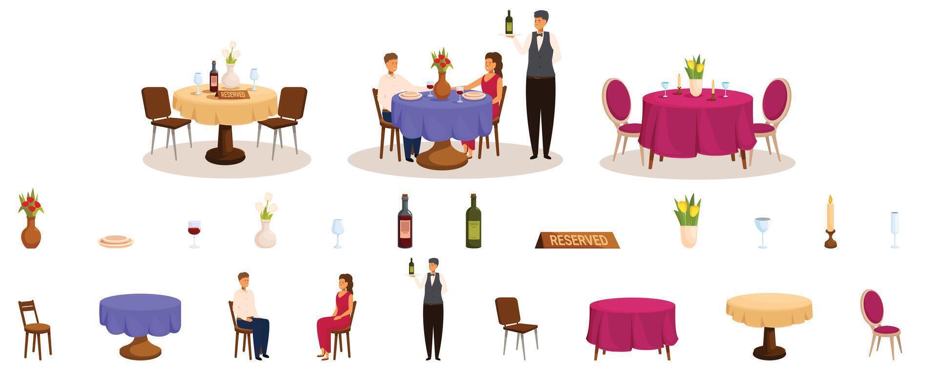 restaurant tafel geserveerd romantisch dating . een serie van afbeeldingen van een restaurant met een Mens in een hesje portie voedsel vector