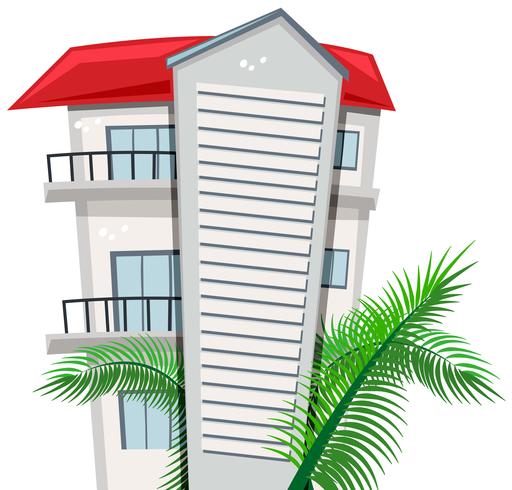 Appartementengebouw en palmbladeren vector