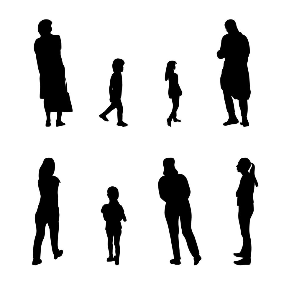 set van zwart-wit silhouet wandelende mensen en kinderen. vector illustratie