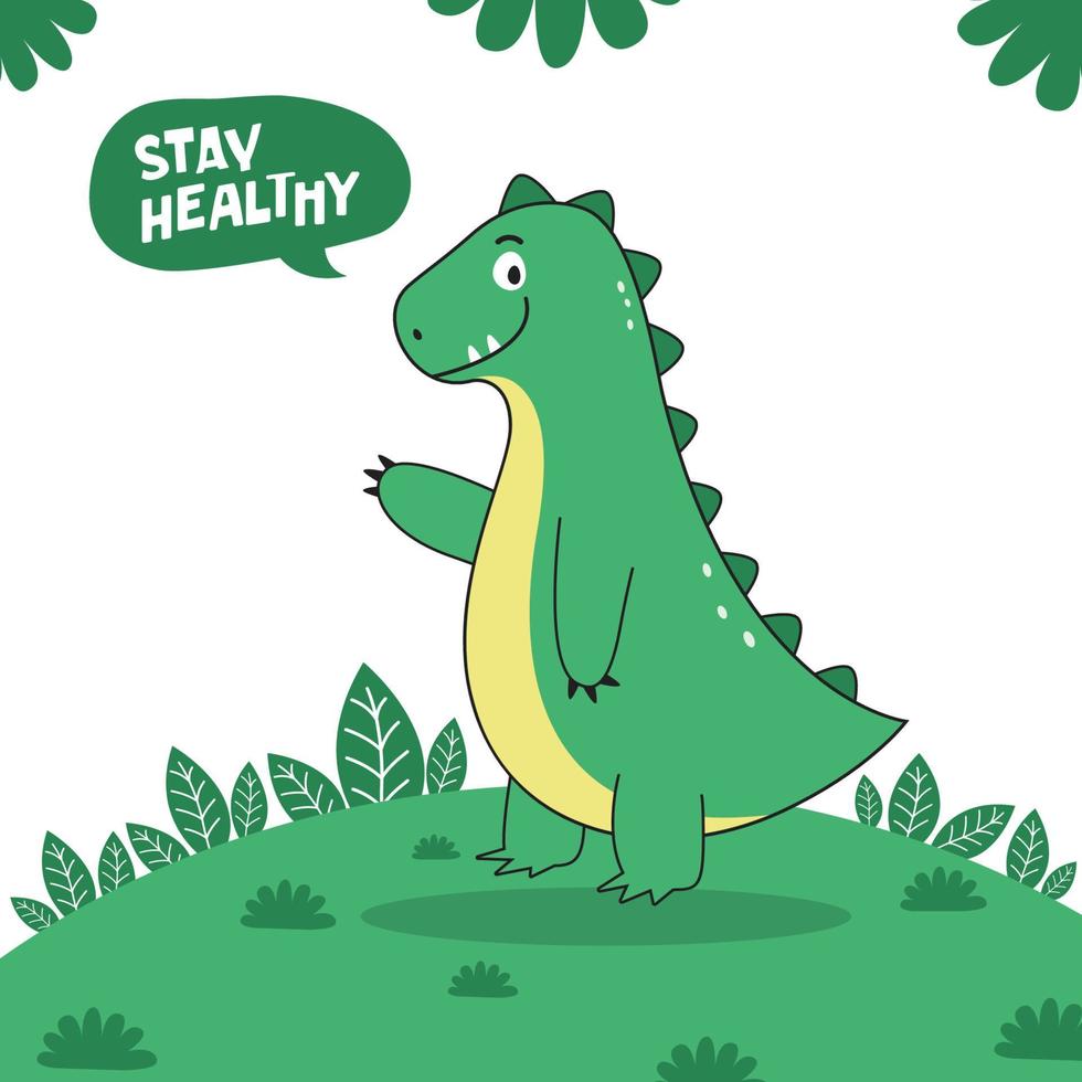 kinderillustratie van schattig groen dinosauruskarakter en praten blijf gezond, perfect voor uw ontwerpbehoeften. vector