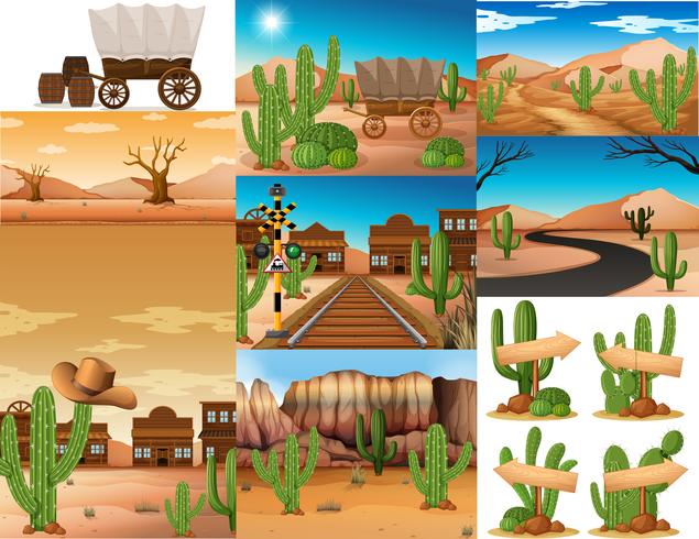 Woestijnscènes met cactus en gebouwen vector