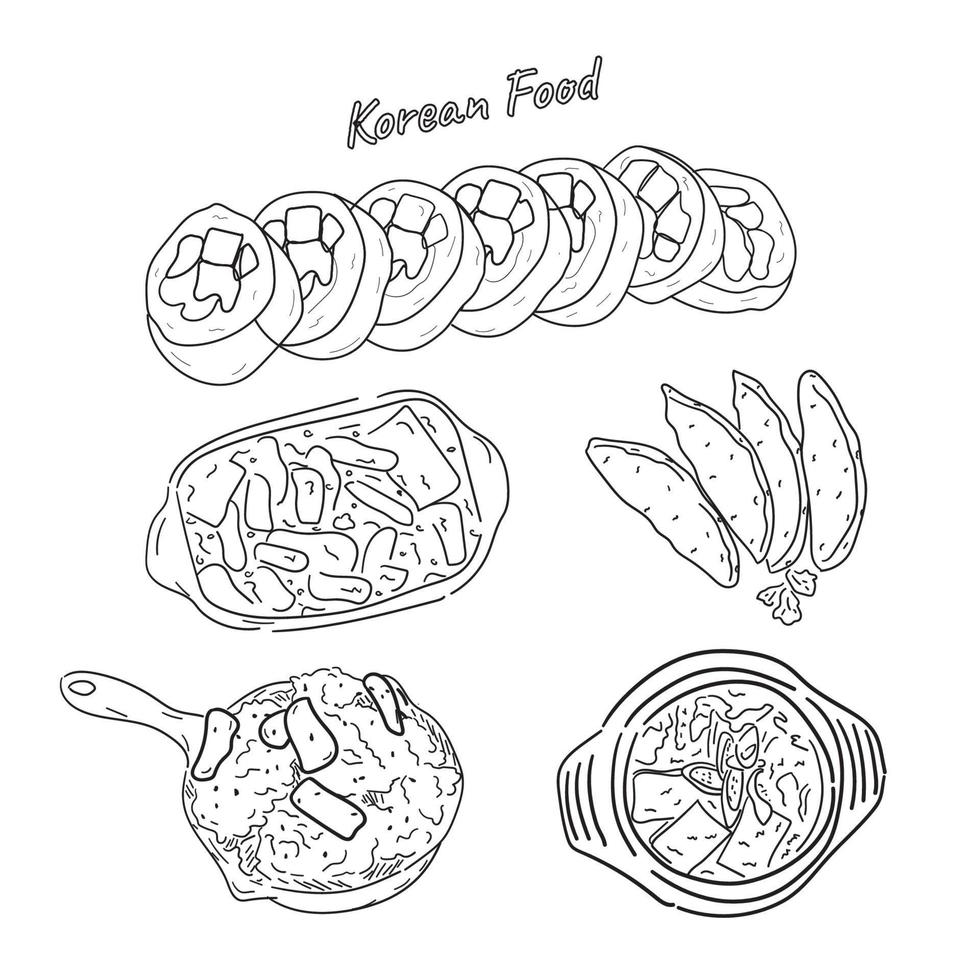 Koreaanse voedselillustratie, kimchisoep, rijstbal, gebraden kip, geïsoleerde achtergrond, vector