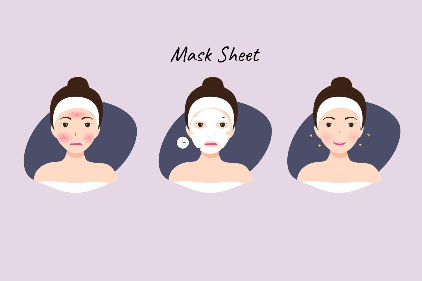 illustratie huidverzorging procedures. vrouw zorgt voor haar gezicht en gebruikt een gezichtsmasker. vector