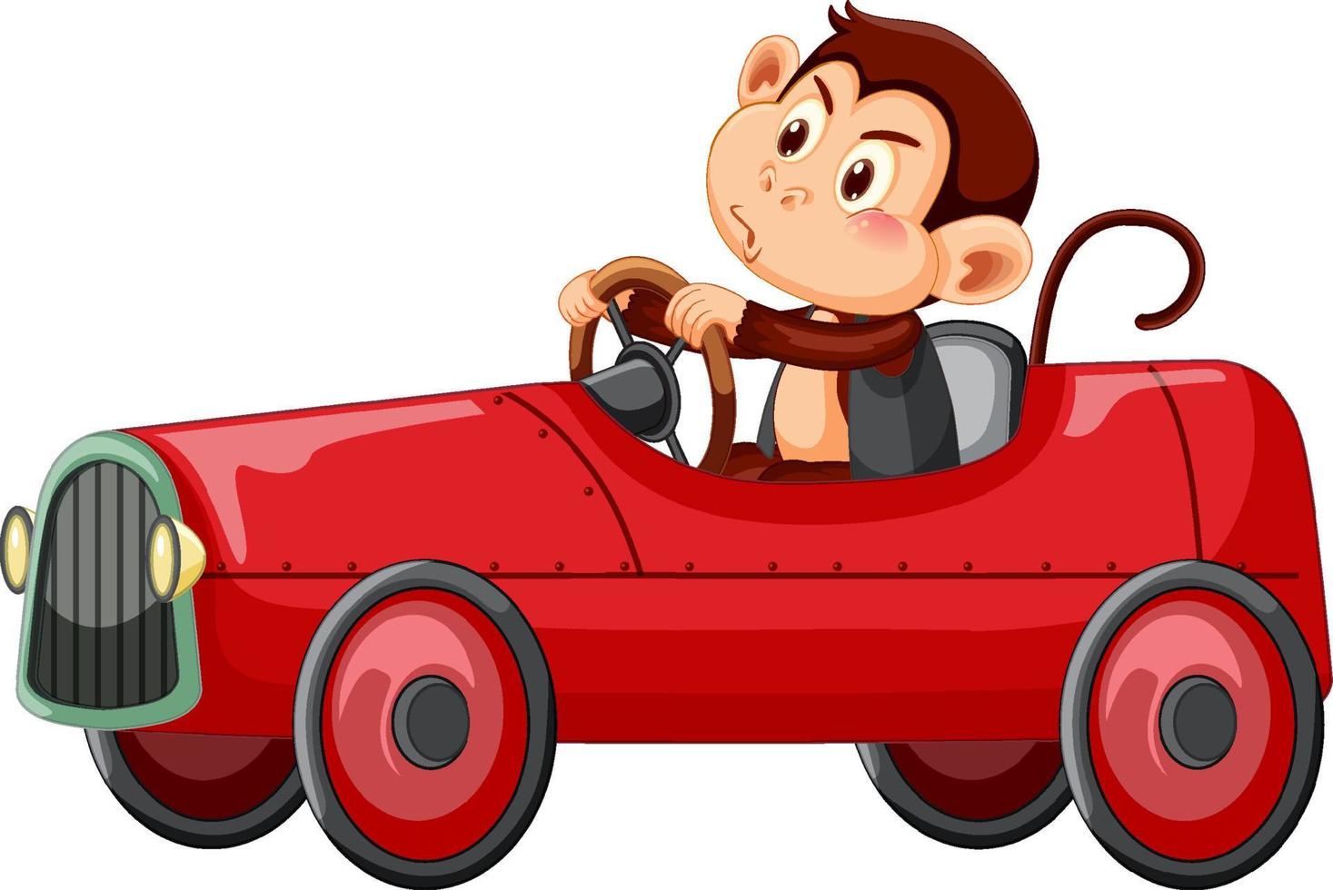kleine aap rode raceauto rijden op witte achtergrond vector