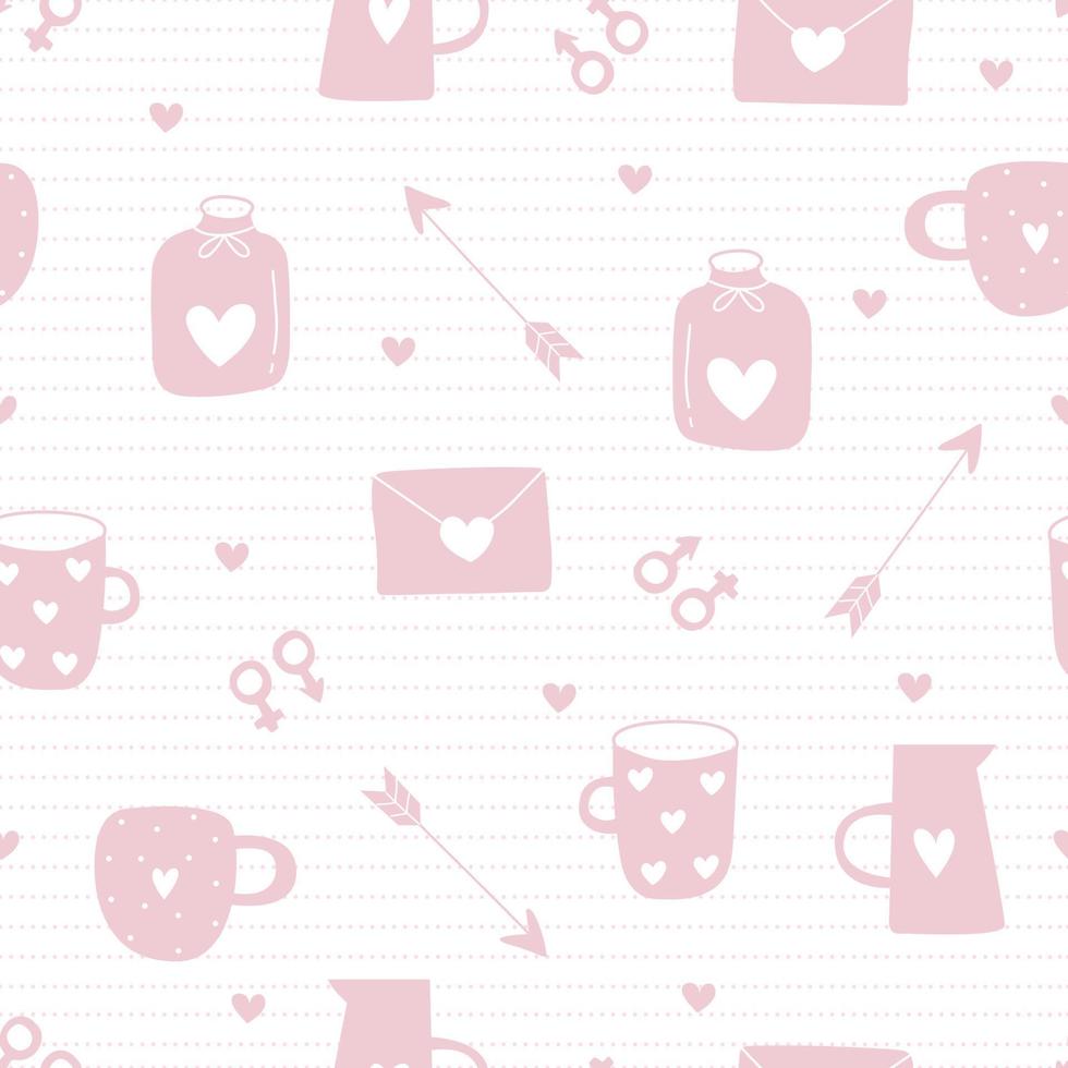 naadloze patroon Valentijnsdag achtergrond met een roze envelop en hartvormig glas hand getekende ontwerp in cartoon stijl, gebruik voor print, behang, decoratie, stof, textiel. vector illustratie
