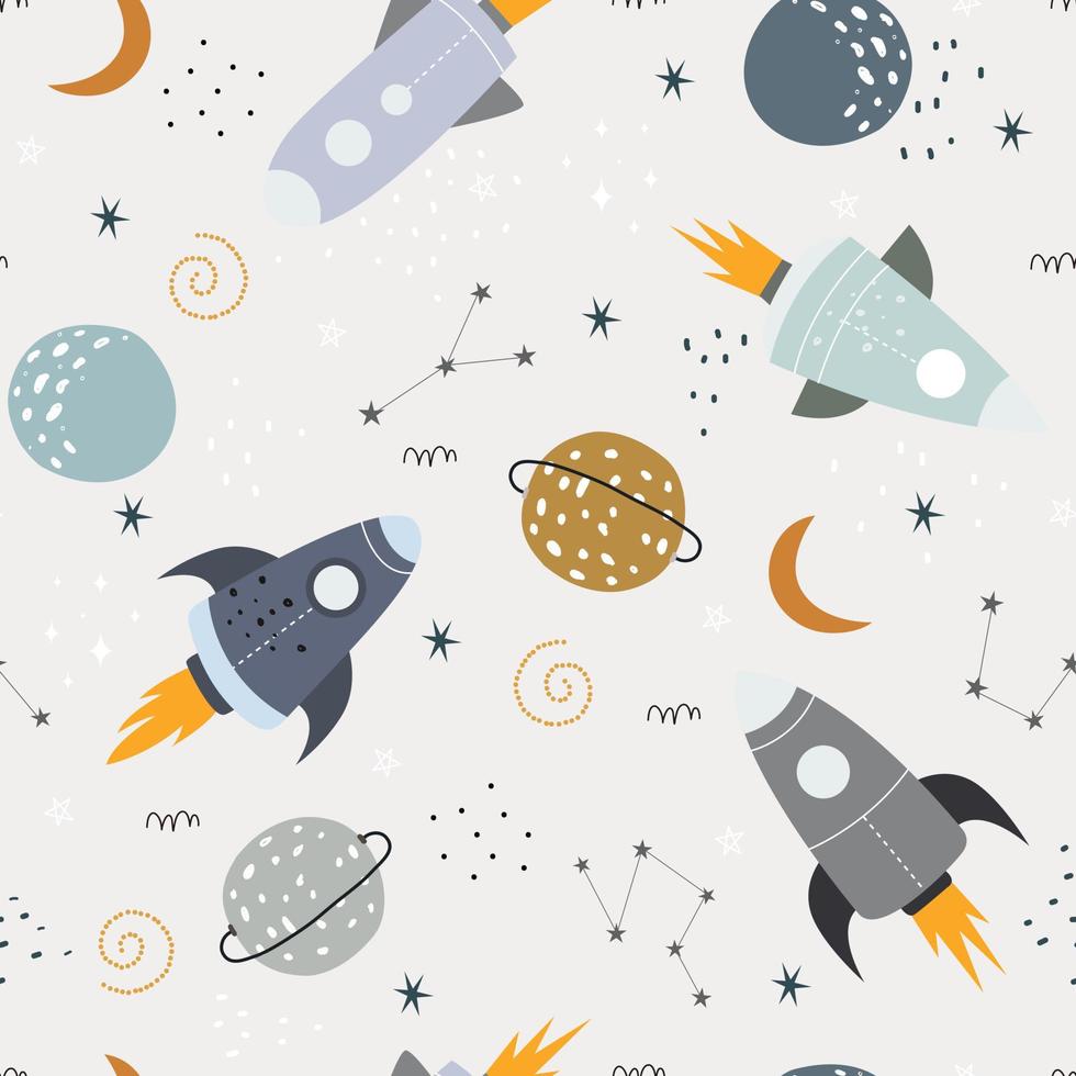 ruimte achtergrond afbeelding met sterren en raket naadloze vector patroon hand getekend in cartoon stijl gebruikt voor print, behang, decoratie, textielstof.