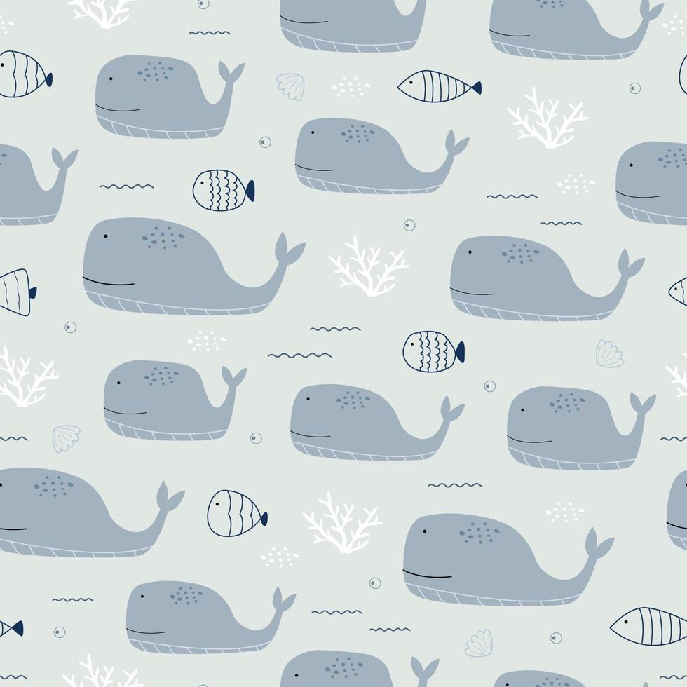 walvis en koraal in de zee naadloze patroon cute cartoon dierlijke achtergrond hand getrokken in kinderachtig stijl ontwerp gebruikt voor afdrukken, behang, stof, mode textiel, vectorillustratie vector