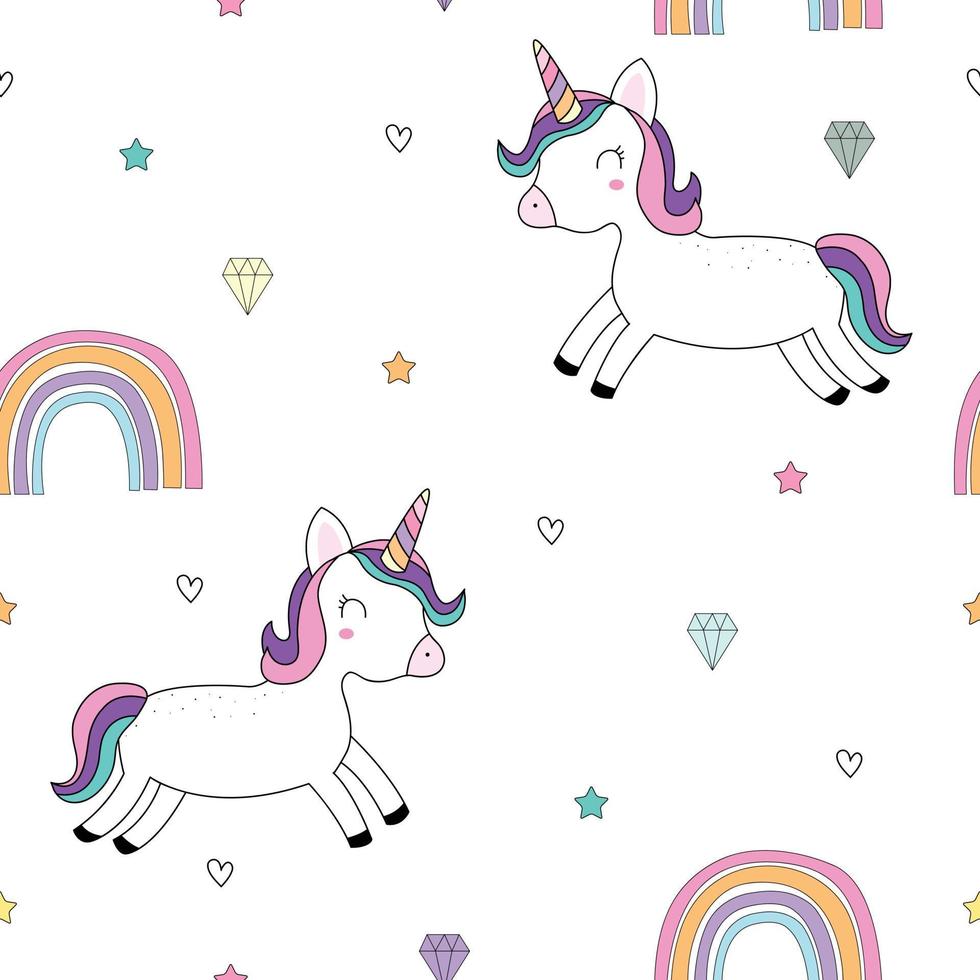 naadloos herhalend patroon eenhoorn paard drijvend op een witte achtergrond met een regenboog en een ster. schattig ontwerp sprookje cartoon stijl. gebruikt voor publicatie, mode, textiel, vectorillustratie. vector