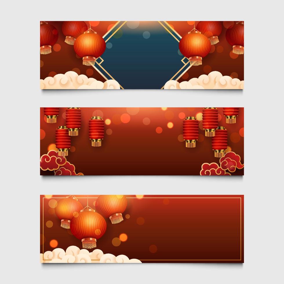 set van chinees nieuwjaar met lantaarns en bokeh banner vector