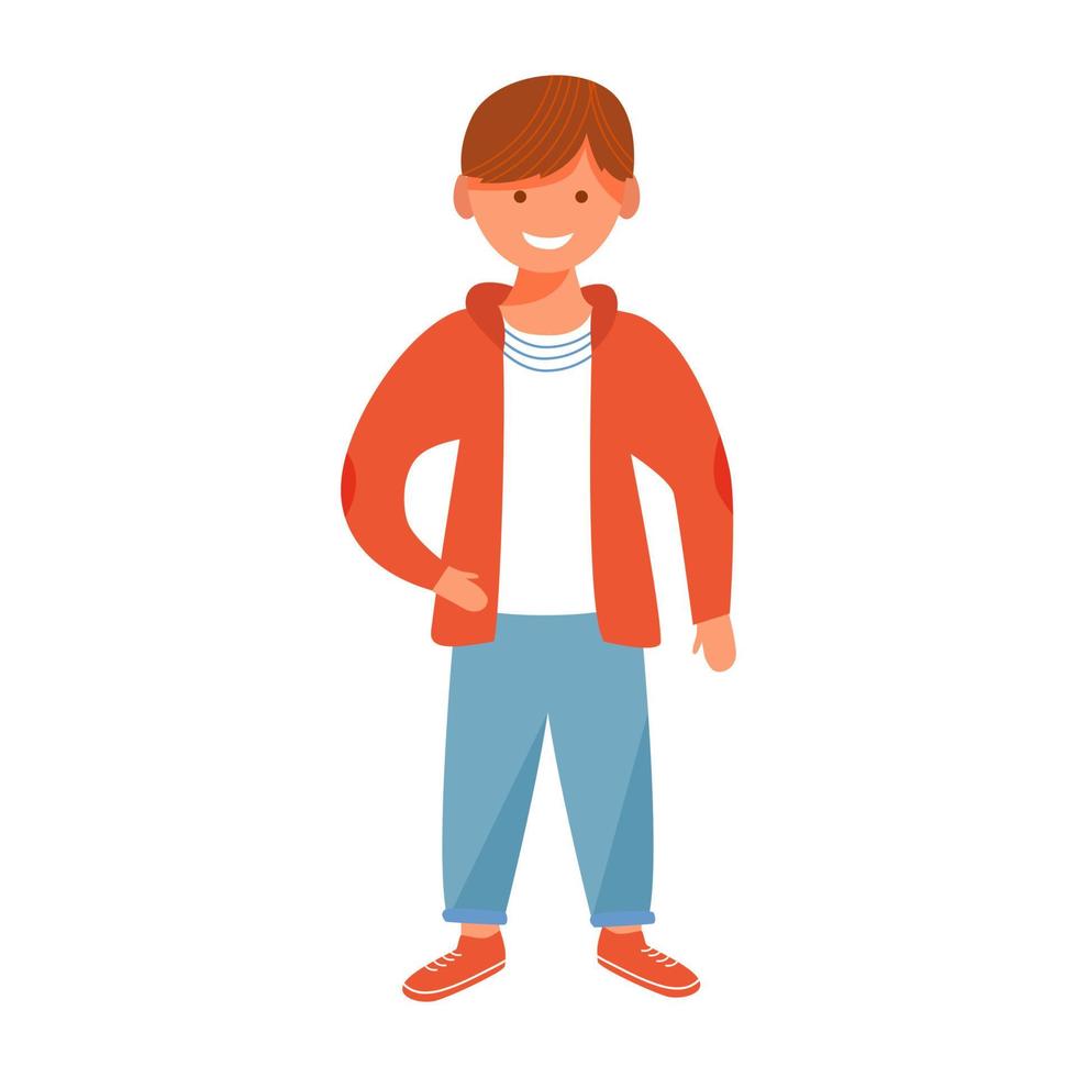 lachende jongen platte vectorillustratie. positieve emotie. speels staand mannelijk kind. gelukkige jeugd. levendige, vrolijke, kaukasisch, full body, geitje, geïsoleerde, spotprent, karakter, op wit, achtergrond vector