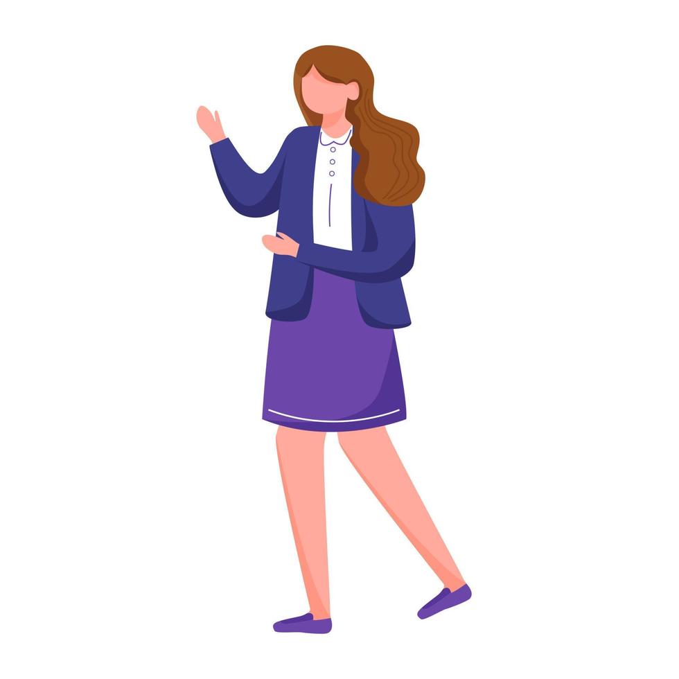 schoolmeisje platte vectorillustratie. actieve sociale brunette langharige student. Full body gebaren tiener meisje in schooluniform geïsoleerde stripfiguur op witte achtergrond vector