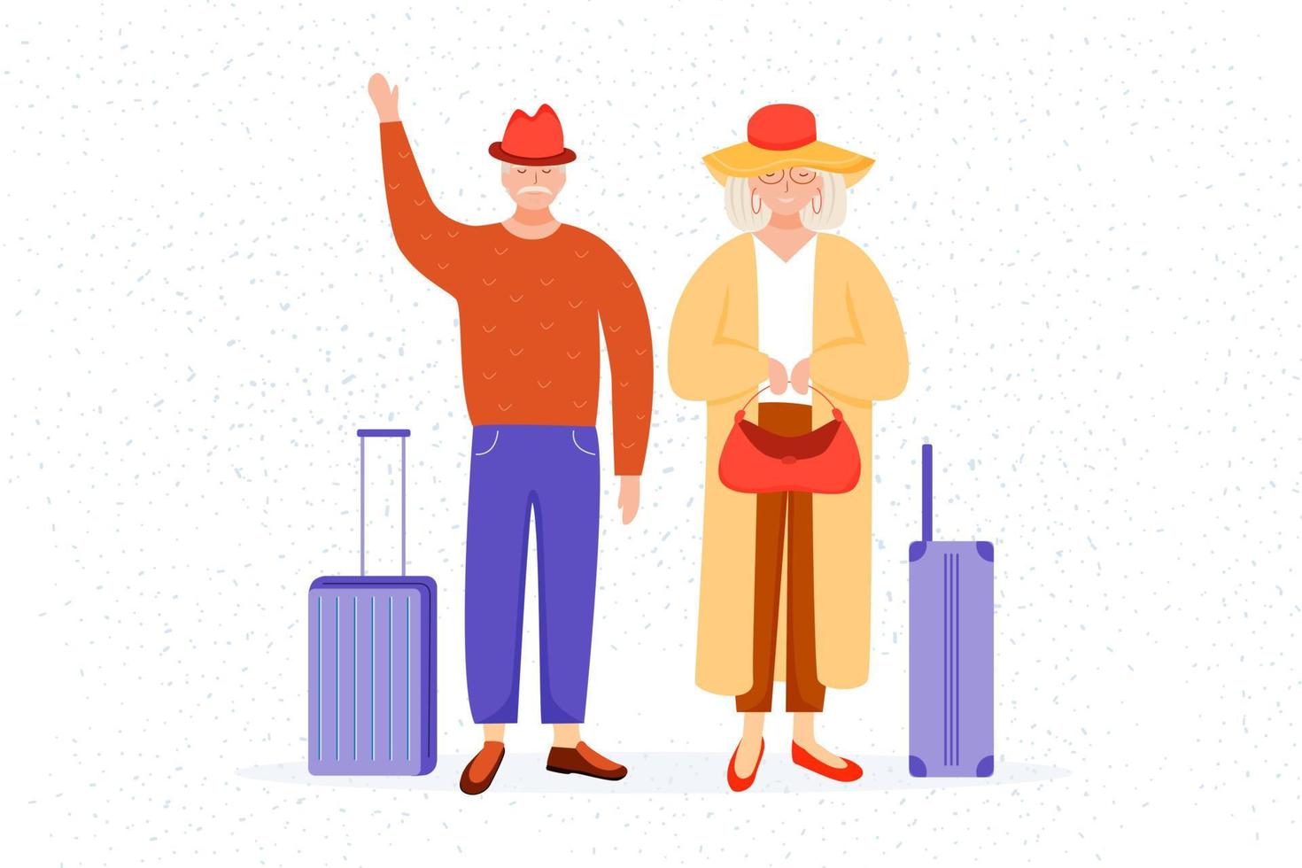 gepensioneerden platte vectorillustratie. senioren reizigers. oud stel met koffers die op vakantie gaan. reizende gepensioneerden stripfiguren vector
