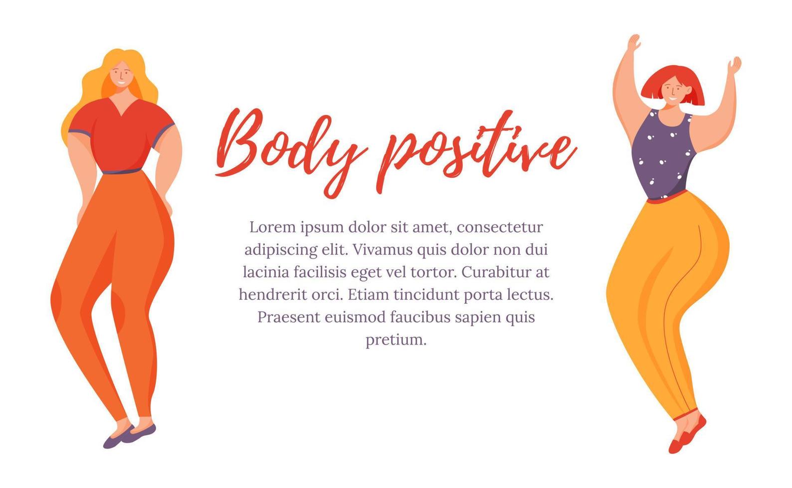 lichaam positieve platte poster vector sjabloon. overgewicht vrouwen geïsoleerde stripfiguren op wit. feministische beweging. banner, brochurepagina, folderontwerplay-out met plaats voor tekst