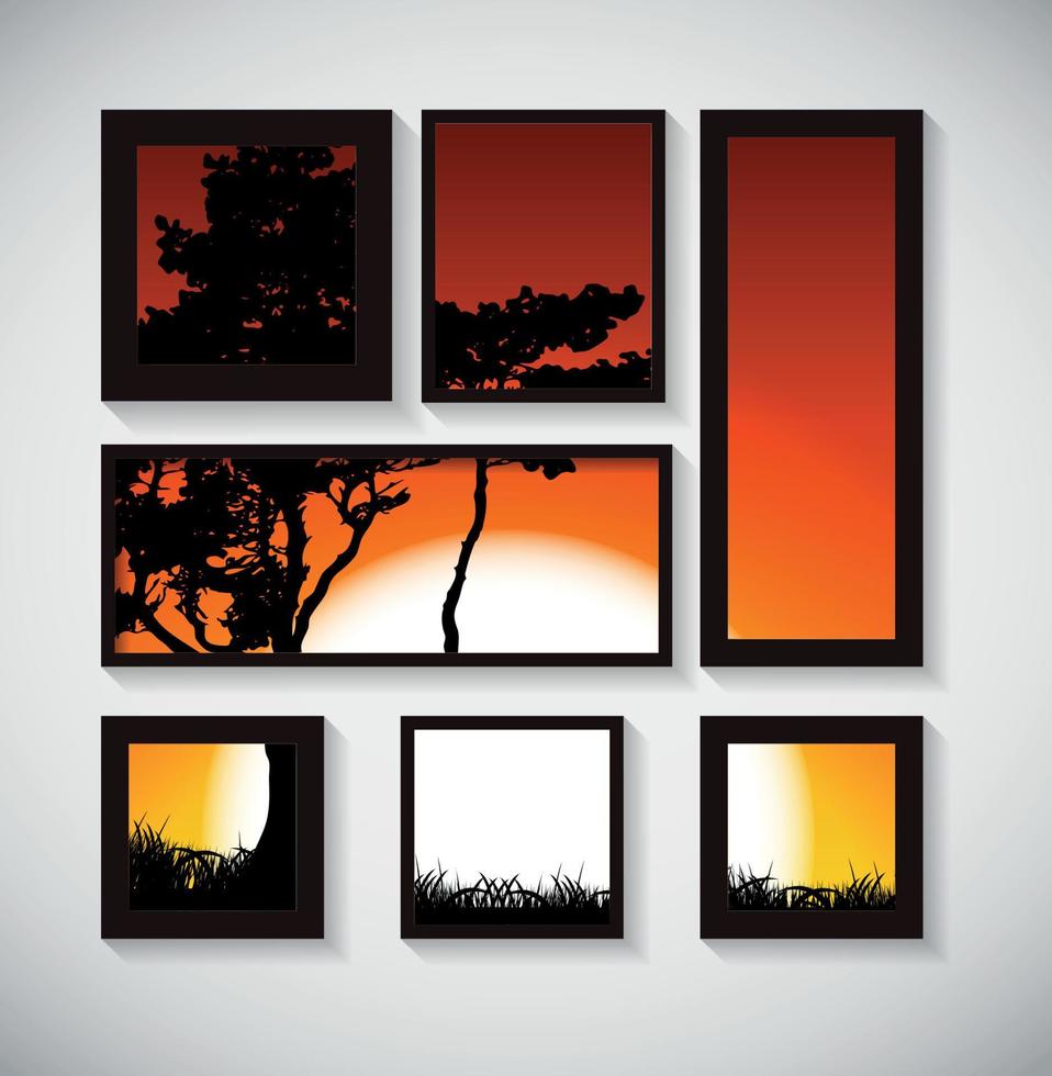 abstracte galerijachtergrond met silhouet van boom op zonsondergangachtergrond. vector illustratie