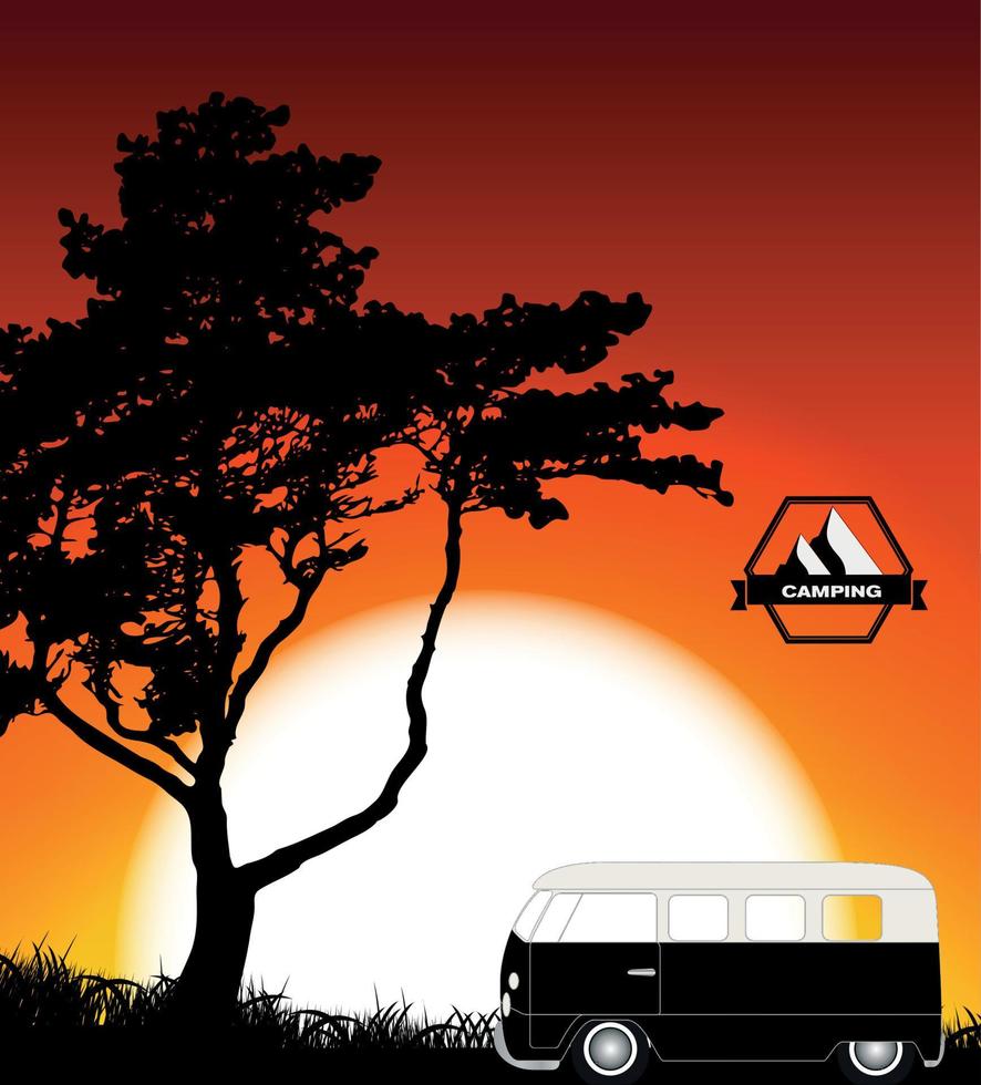 cartoon minibus in de natuur een boom silhouet. vector illustratie