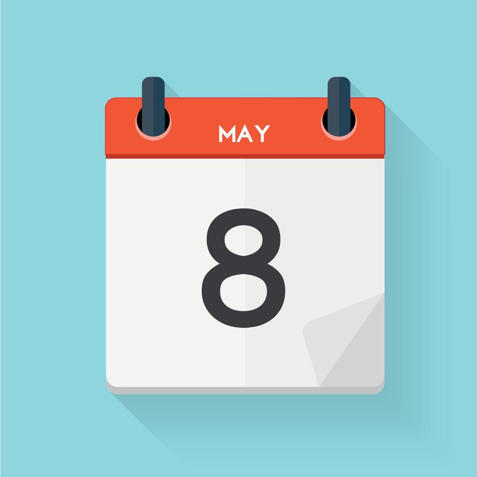 8 mei platte dagelijkse kalenderpictogram. vector illustratie embleem. element van ontwerp voor decoratie kantoordocumenten en toepassingen. logo van dag, datum, tijd, maand en feestdag
