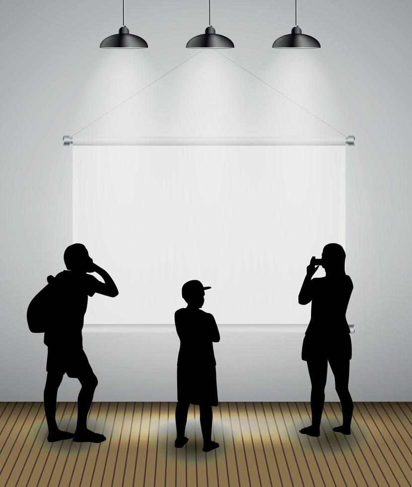 silhouet van mensen op de achtergrond met verlichtingslamp en frame kijk naar de lege ruimte voor uw tekst, object of advertentie. vectorillustratie. vector