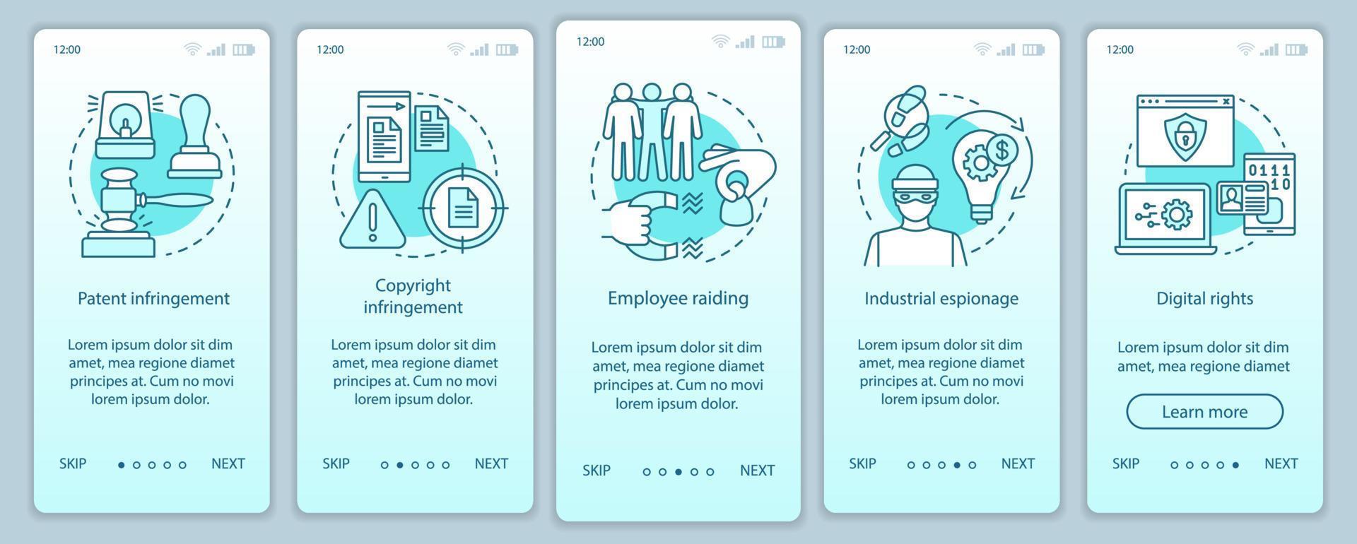 ethische kwesties aan boord van mobiele app-paginaschermvectorsjabloon. octrooi-inbreuk, digitale rechten. walkthrough website stappen met lineaire illustraties. ux, ui, gui smartphone-interfaceconcept vector