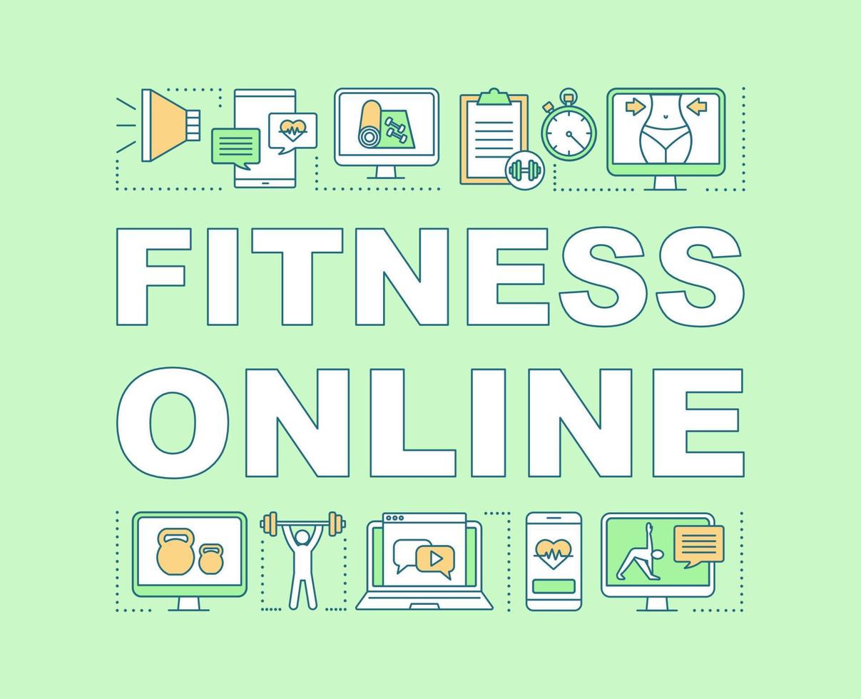 fitness online woord concepten banner. sport applicatie. afslanken web bron. presentatie, website. geïsoleerde belettering typografie idee met lineaire pictogrammen. vector overzicht illustratie