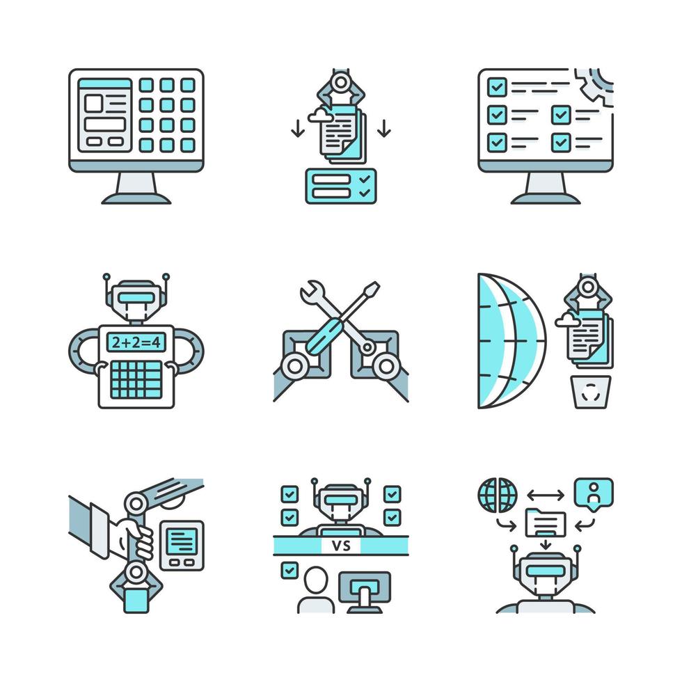 rpa gekleurde pictogrammen instellen. voordelen van robotprocesautomatisering. kunstmatige intelligentie werknemer. gui, instellingen, berekenen, sorteren en analyseren van informatie, pbd. geïsoleerde vectorillustraties vector