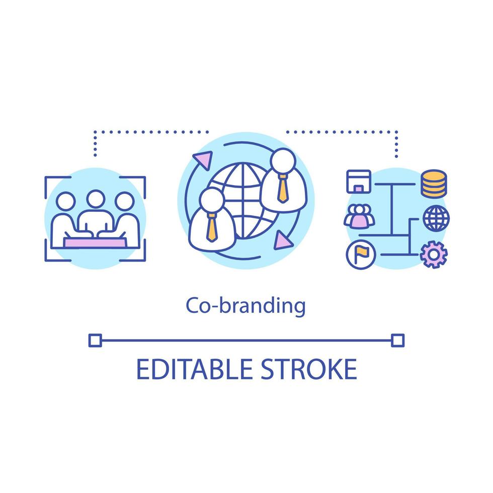 co-branding concept icoon. zakelijk partnerschap idee dunne lijn illustratie. twee bedrijven, merken die samenwerken. marketingstrategie. merkmanagement. vector geïsoleerde overzichtstekening. bewerkbare streek