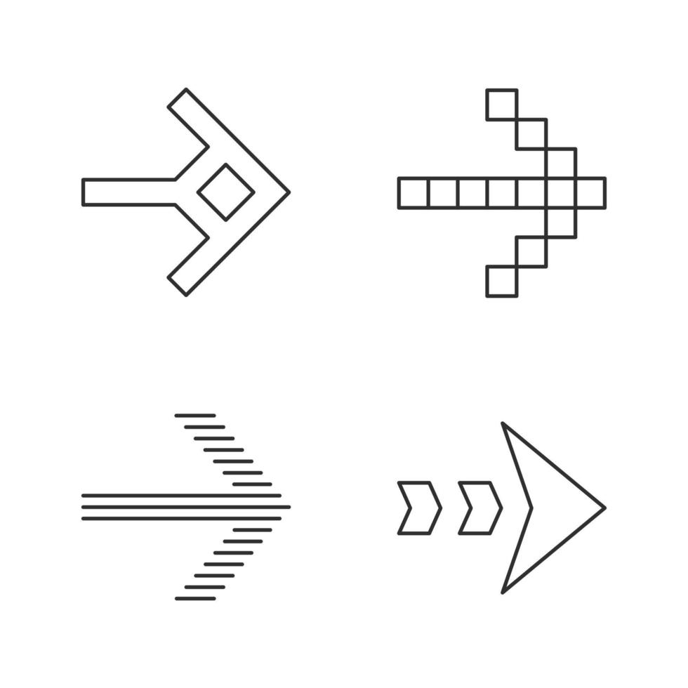 pijl typen lineaire pictogrammen instellen. pixel, gevormd, gestippeld, gestreepte volgende, voorwaartse pijl. pijlpunt die de juiste richting aangeeft. dunne lijn contour symbolen. geïsoleerde vectoroverzichtsillustraties. bewerkbare streek vector