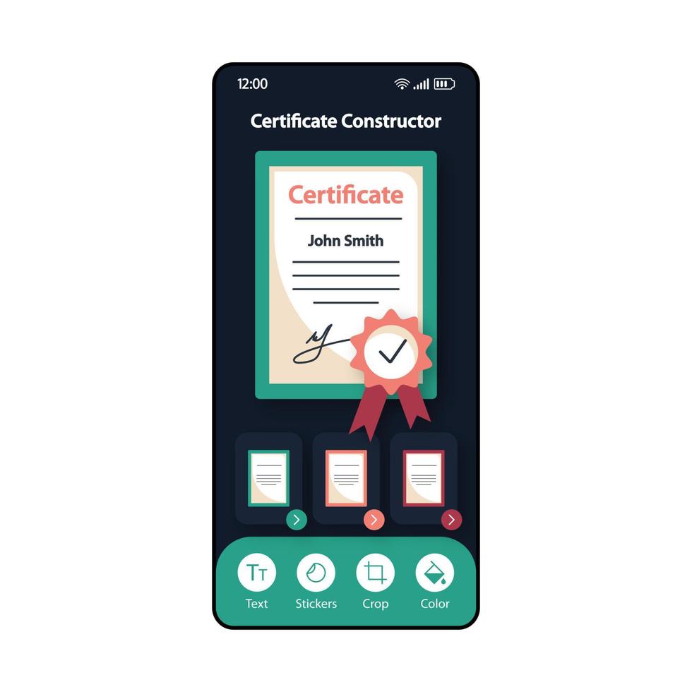 certificaat constructor smartphone interface vector sjabloon. mobiele app pagina zwarte ontwerplay-out. scherm voor het bewerken van onderwijsdocumenten. platte ui voor toepassing. diploma. telefoon display