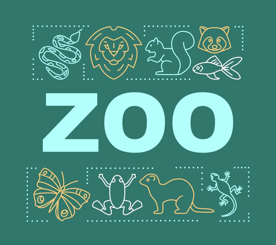 dierentuin woord concepten banner. familie tijd samen. dierenpark. presentatie, website. menagerie met wilde dieren. geïsoleerde belettering typografie idee met lineaire pictogrammen. vector overzicht illustratie