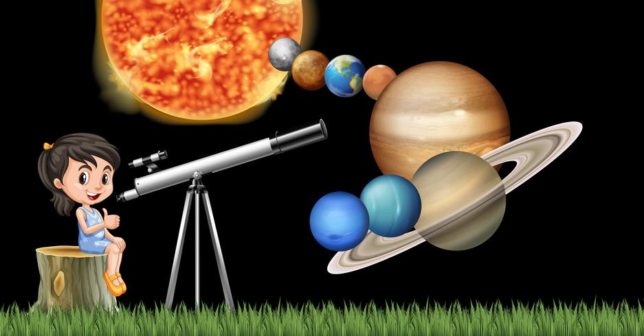 Meisje dat met telescoop zonnestelsel leert vector