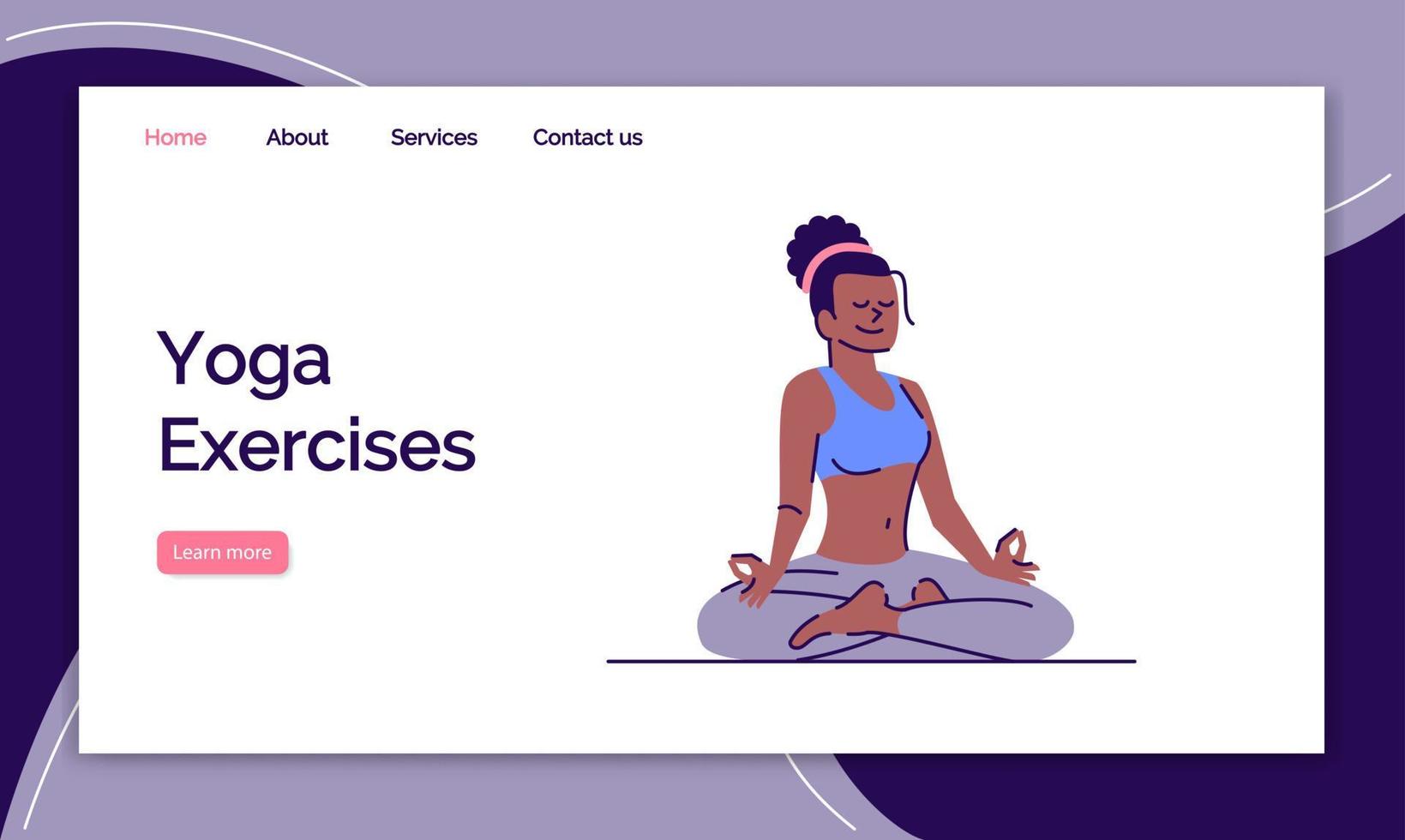 yoga-oefeningen bestemmingspagina vector sjabloon. stressmanagement website-interface-idee met platte illustraties. meditatie homepage lay-out. fitness training webbanner, webpagina cartoon concept