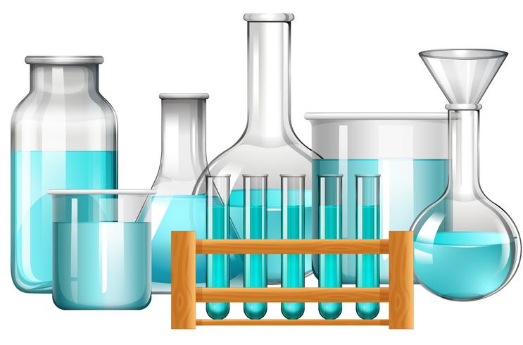 Glazen bekers en reageerbuizen met blauwe vloeistof vector