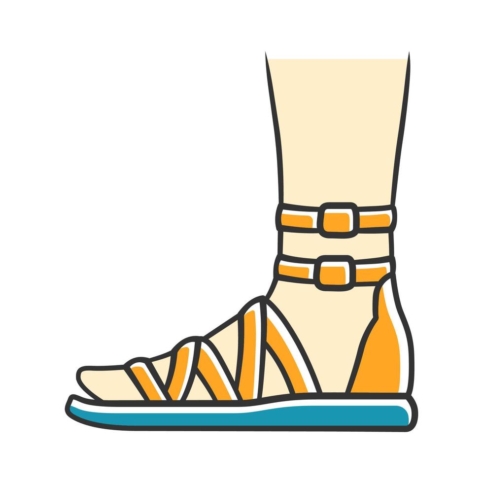 gladiator sandalen gele kleur icoon. vrouw stijlvol schoeisel ontwerp. vrouwelijke casual schoenen, moderne zomerflats met zijaanzicht van de enkelband. modieuze dameskleding. geïsoleerde vectorillustratie vector