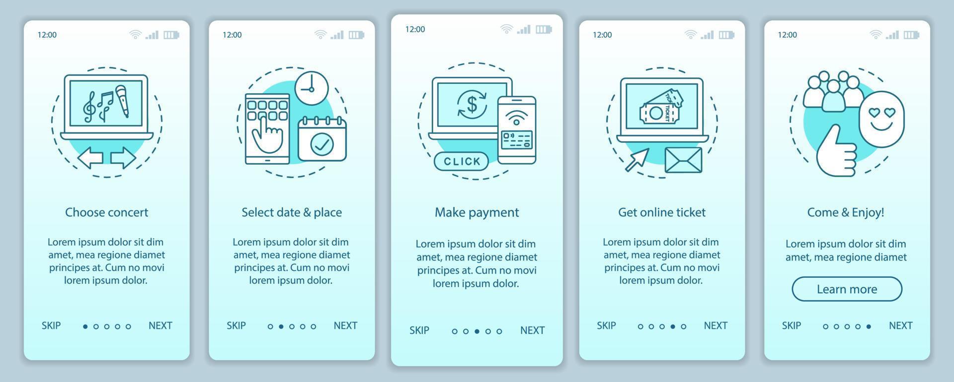 concert onboarding mobiele app pagina scherm vector sjabloon. prestatie online ticket betaling. muzikale gebeurtenis. walkthrough website stappen, lineaire illustraties. ux, ui, gui smartphone-interfaceconcept