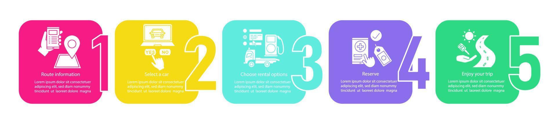 autoverhuur service vector infographic sjabloon. auto leasen. carpoolen. huur een auto. datavisualisatie met vijf stappen en opties. proces tijdlijn grafiek. workflow-indeling met pictogrammen