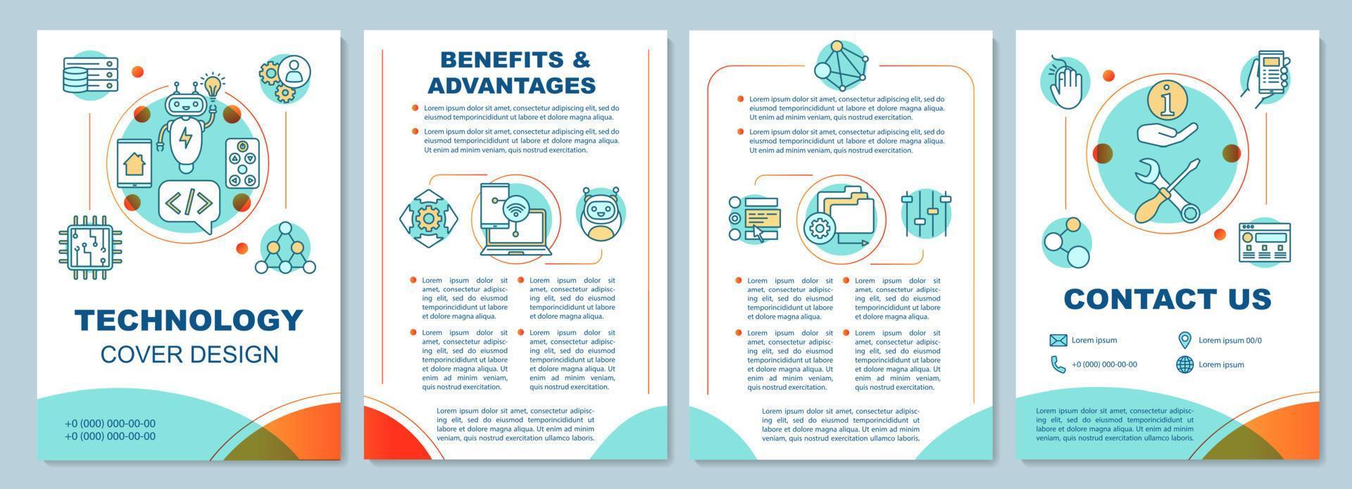 voordelen en voordelen van de sjabloonlay-out van de technologiebrochure. flyer, boekje, folder printontwerp met lineaire illustraties. vectorpaginalay-outs voor tijdschriften, jaarverslagen, reclameposters vector