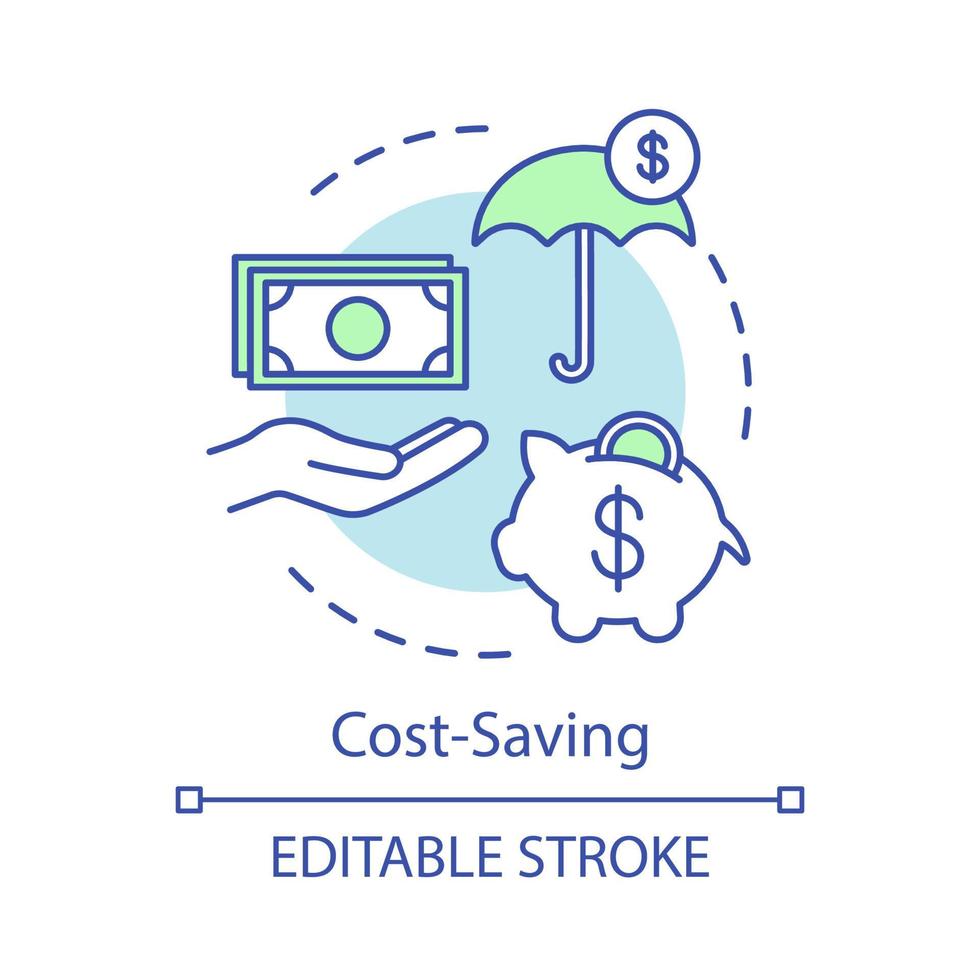 kostenbesparend voordeel concept icoon. financiële bescherming, spaarvarken, geld in de hand. verzekering. investeringsbankieren idee dunne lijn illustratie. vector geïsoleerde overzichtstekening. bewerkbare streek