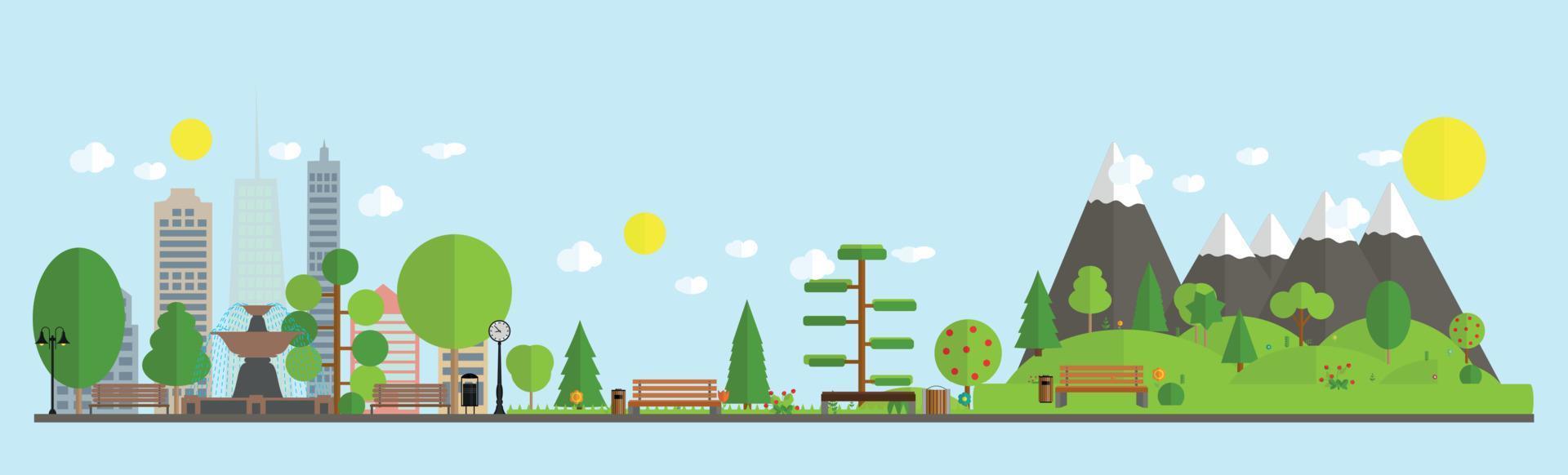 platte cartoon stijl illustratie van stedelijk landschap straat skyline stad kantoorgebouwen en parken met bomen. vector illustratie