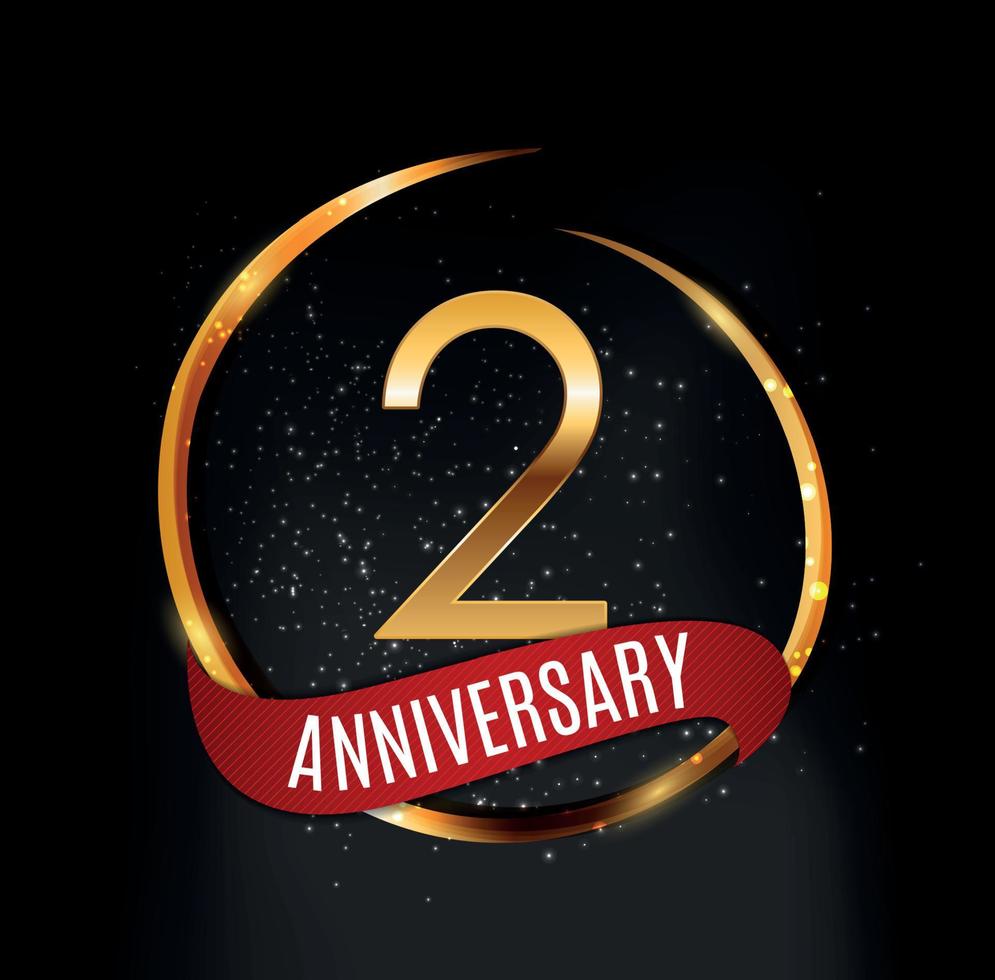 sjabloon gouden logo 2 jaar verjaardag met rood lint vectorillustratie vector