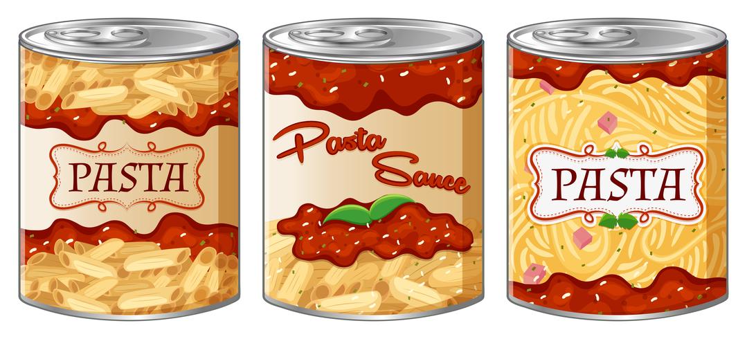 Drie blikjes pasta en saus vector