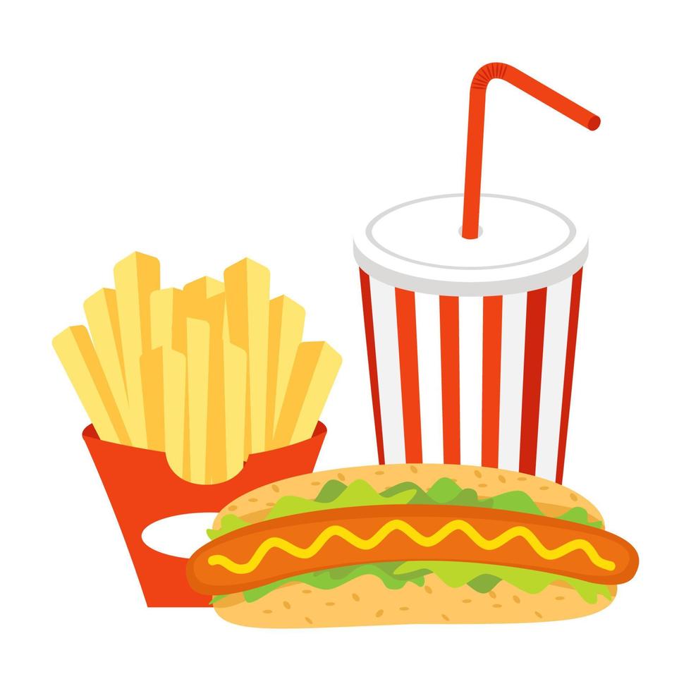 fastfood set hotdog frietjes en frisdrank vector